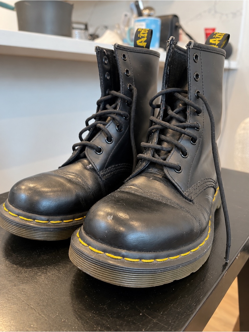 Dr. Martens Black Leather Lace-Up Boots with Yellow Stitching
